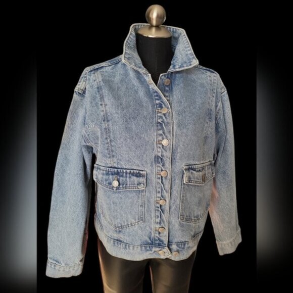 Light Denim Wash Oversized Bomber Jacket Retro NWT Sz 12 - Picture 4 of 15